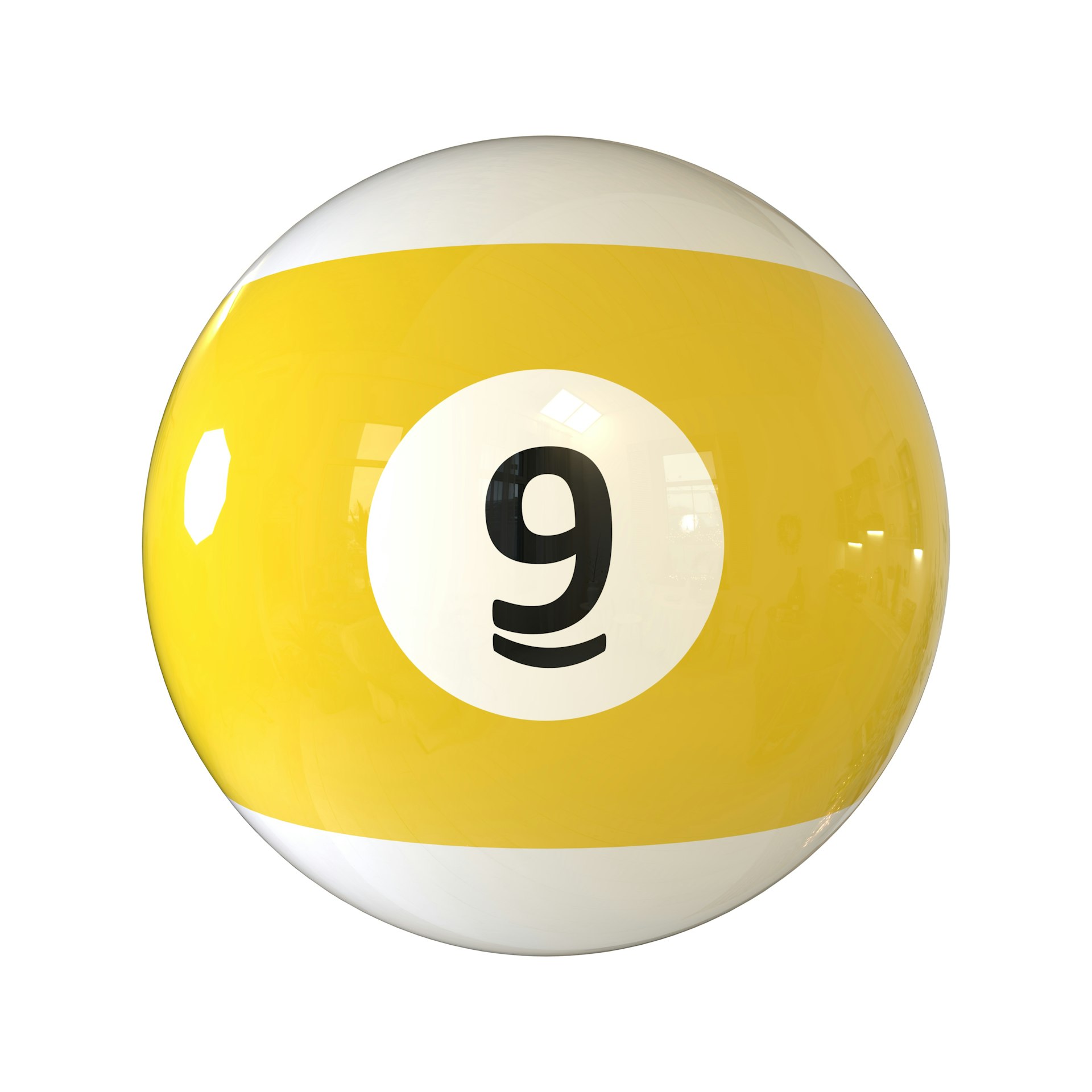 A yellow and white pool ball with the number nine on it